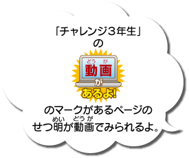 「チャレンジ３年生」の動画があるよのマークがあるページのせつ明が動画でみられるよ。